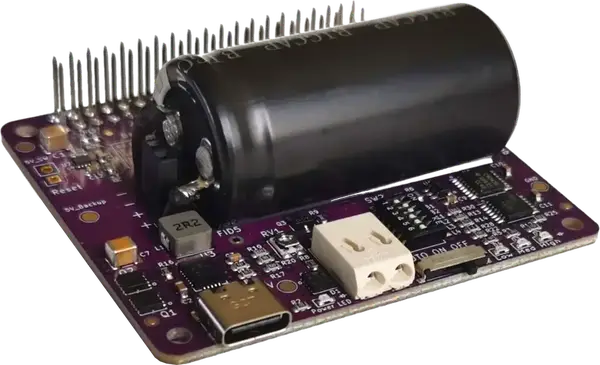 Close-up view of the qUPS-P-SC Raspberry Pi UPS HAT with a large supercapacitor