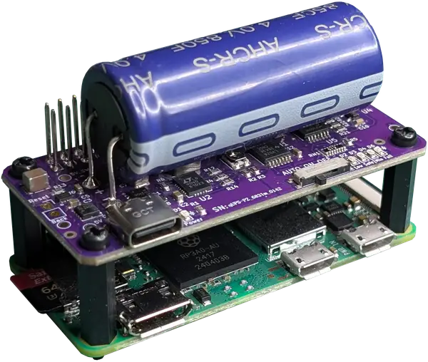 Close-up view of the Stubborn Balance Zero Raspberry Pi Zero UPS HAT with a large hybrid Supercapacitor