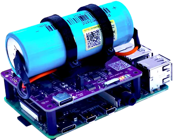 Close-up view of the Stubborn Stamina LF Raspberry Pi UPS HAT with a large LiFePO4 battery